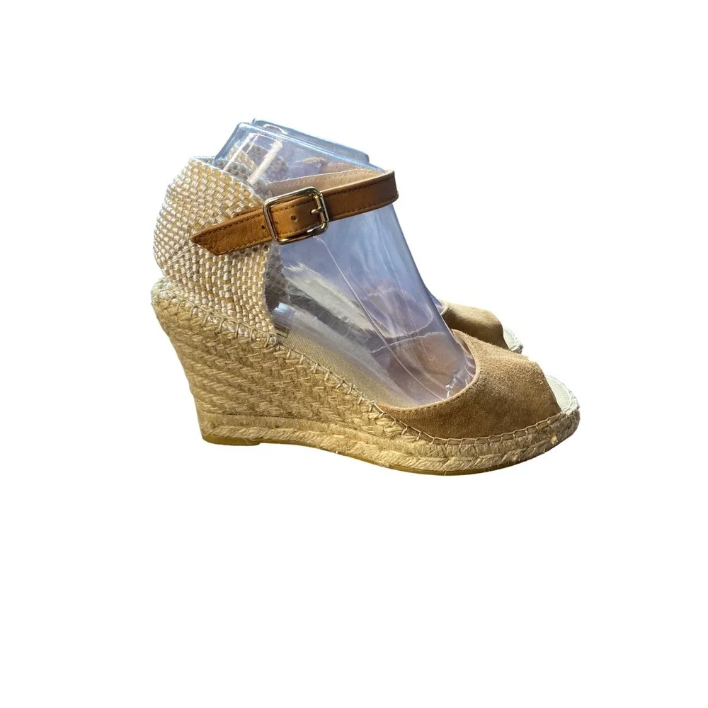 Vidorreta Tan Suede Peep Toe Espadrille Wedge Sandals Made‎ in Spain Size 38